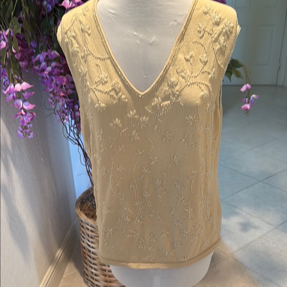Elegant gold/tan Jones New York Beaded Sleeveless knit Top